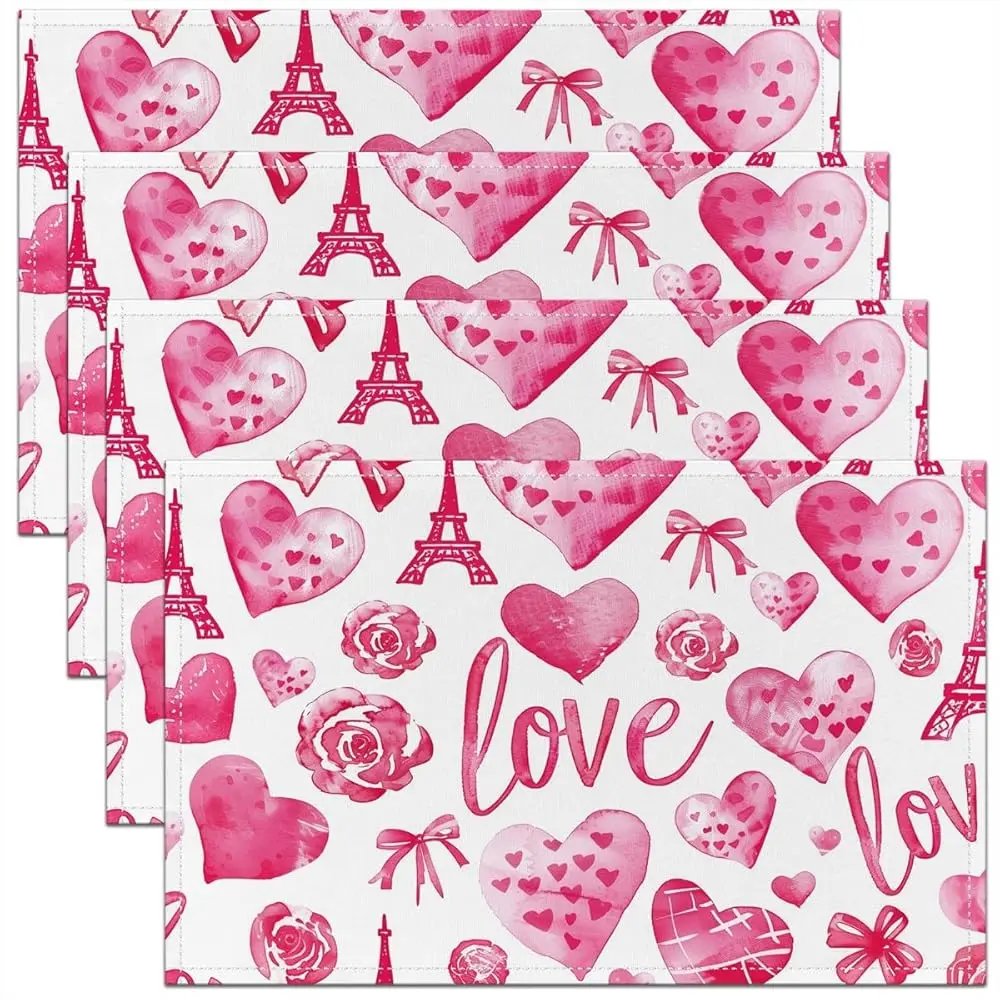 

4pcs Love Hearts Placemats 12x18 Inch Valentines Day Place Mats for Dining Patio Table Romantic Roses Flowers Couple