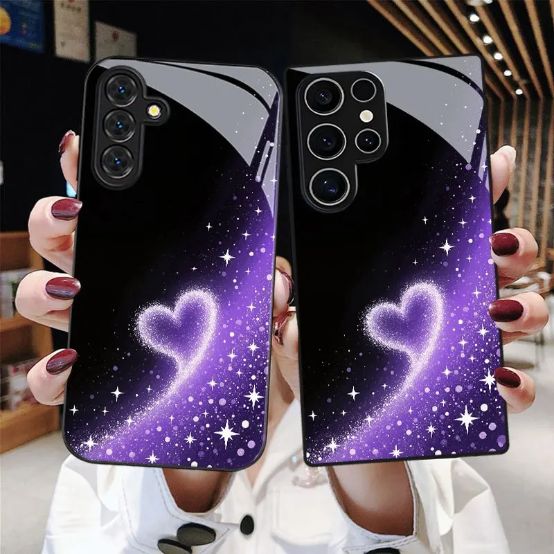Tempered glass Mobile Phone Case For Samsung Galaxy S26/25/24/23 S22 Ultra FE + Anti-fall A54 A55 5G Purple heart shape cover