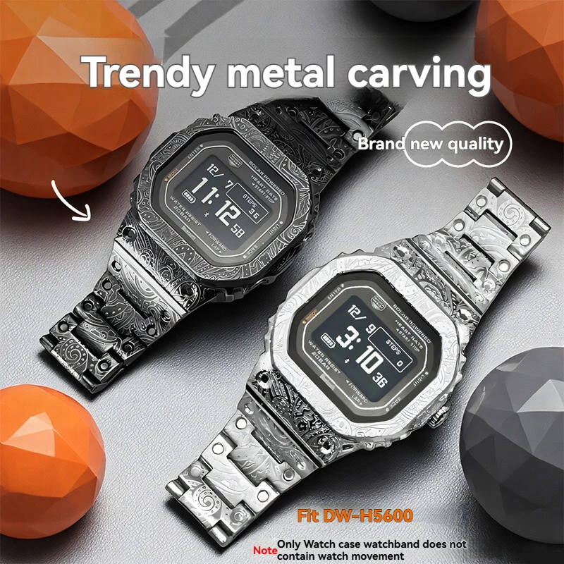 Vintage Engraved Mod Kit For Casio G-SHOCK DW-H5600 Small Square, Solid Stainless Steel Watch Case + Strap Modification Parts