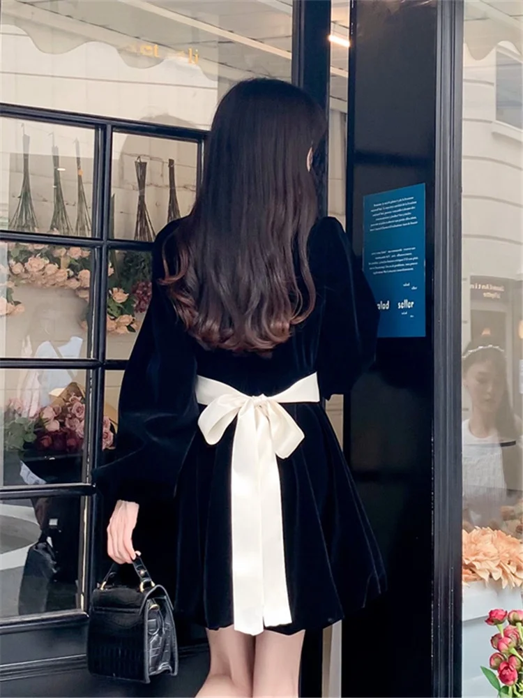 Abito in Velluto con Grande Fiocco e Cintura per Donna, Nuovo Stile Primaverile, Maniche Lunghe, Stile Principessa, Dolce ed Elegante