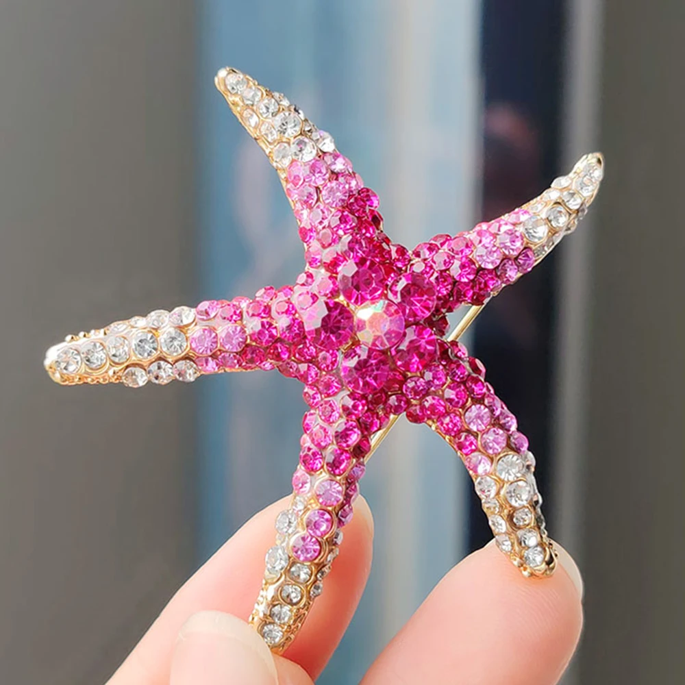 Vintage Colorful Pink Blue Sea Star Brooches for Women Men Elegant Multi-Color Starfish Rhinestone Pins Holiday Best Gift