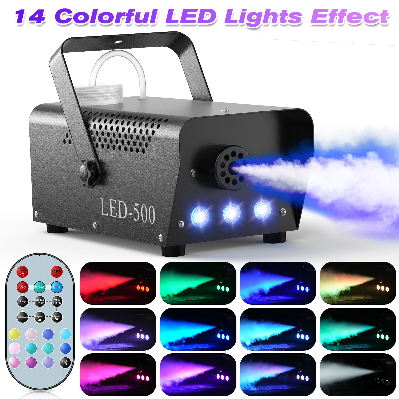 U'King 500W เครื่องสูบบุหรี่ RGB 3 LED สีผสมเครื่องหมอกพร้อมรีโมทคอนโทรล STAGE SMOKE EJECTOR สําหรับปาร์ตี้ DJ ดิสโก้ฮาโลวีน