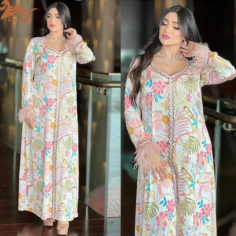 Eid Party Muslim Women Print Abaya Diamonds Feather Long Maxi Dress Turkey Dubai Kaftan Arab Islam Morocco Caftan Jalabiya AB240