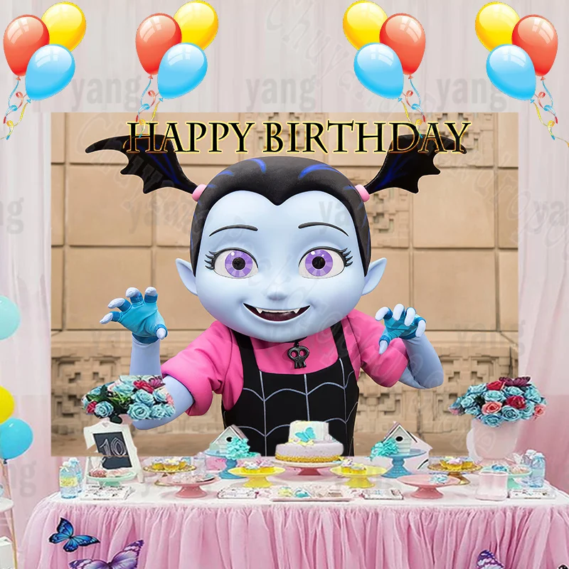 Детский фон с мультяшными героями Диснея Vampirina заостренные зубы Девочка Хэллоуин Новорожденный ребенок с днем рождения Фотофон с украшением