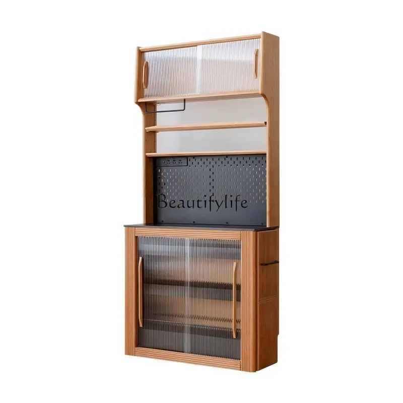 

European solid wood dining side cabinet integrated against the wall cherry wood color living room ultra-thin narrow side cabinet