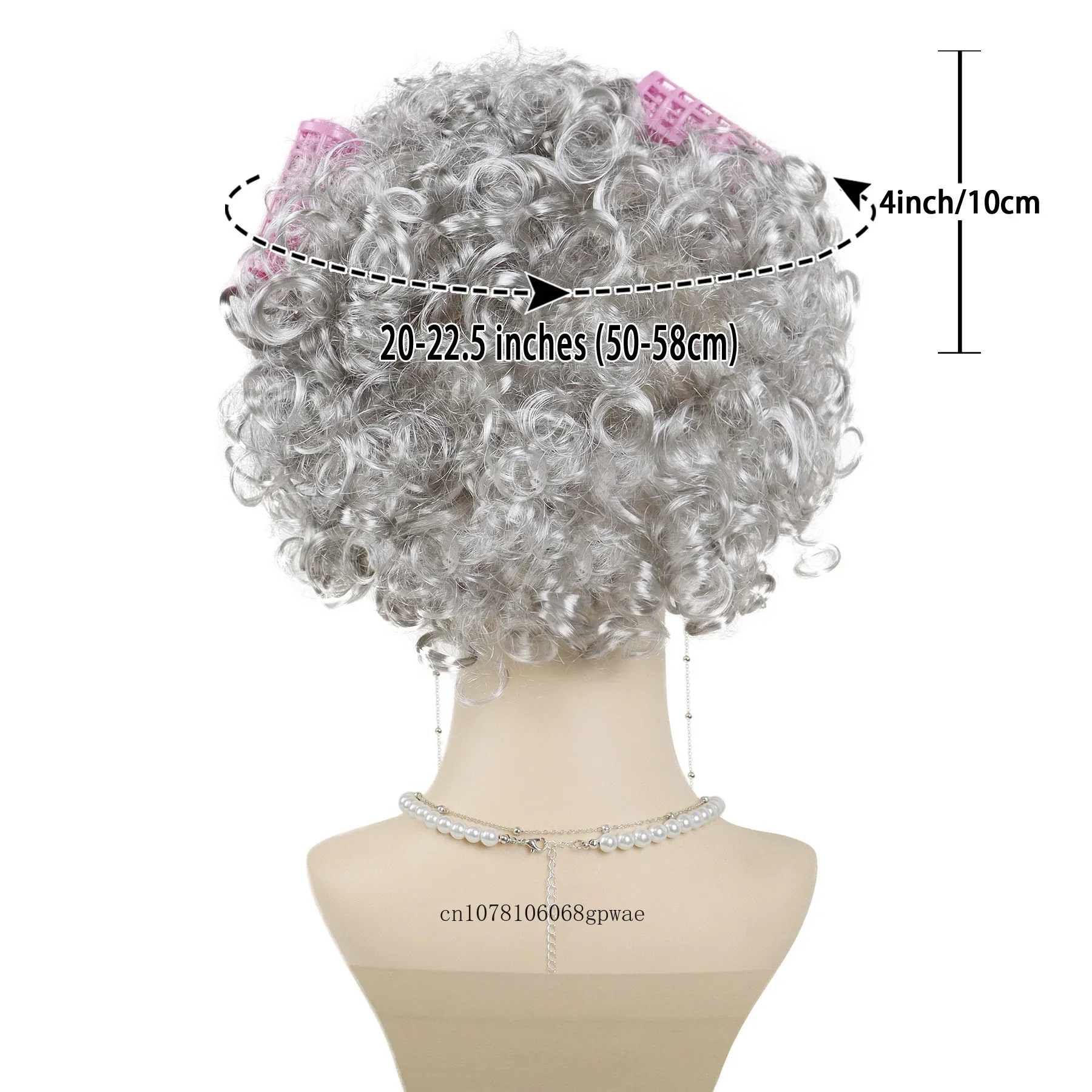 Synthetic Old Lady Silver Grey Wig Set Granny Wigs with Hair Rollers,Glasses,Eyeglass Chain,Pearl Necklace Daily Party Cosplay