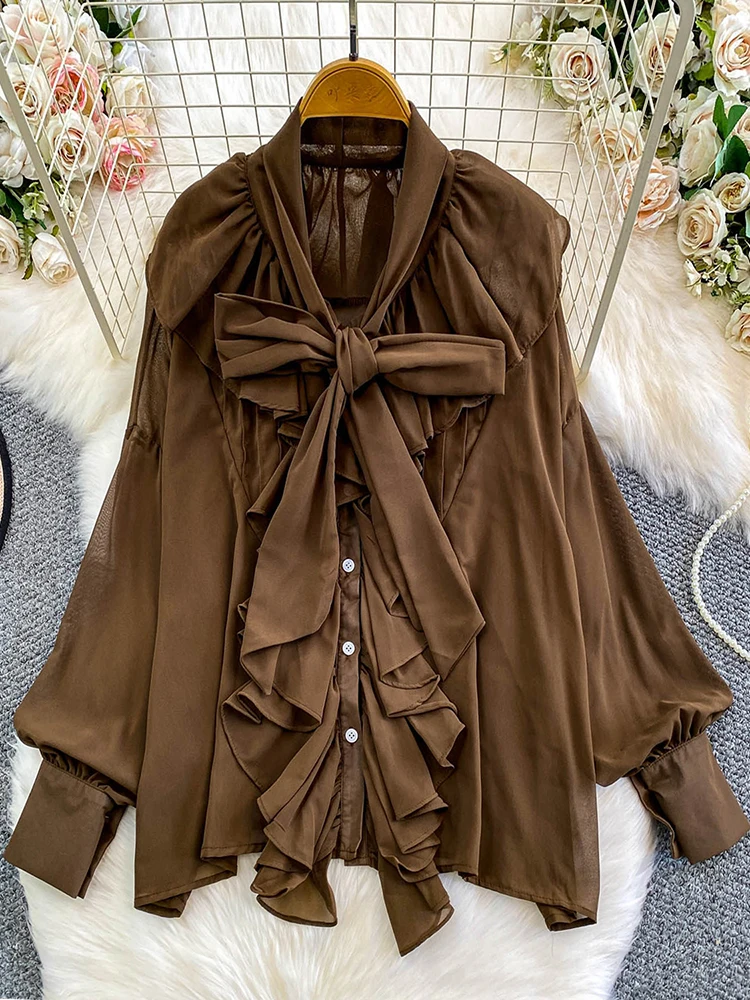 

Женская яркая рубашка во французском стиле, осень-зима, грибной бант, воротник-стойка, рукав-фонарик, милая блузка с рюшами по краям, женский топ BL314