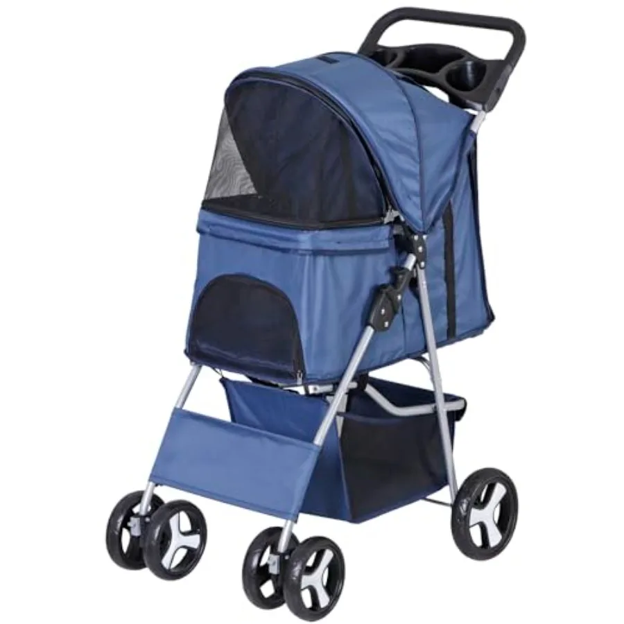 

Pet stroller for small to medium dogs and cats: navy blue, foldable 4-wheel jogger with storage basket and cup holder, lightwei