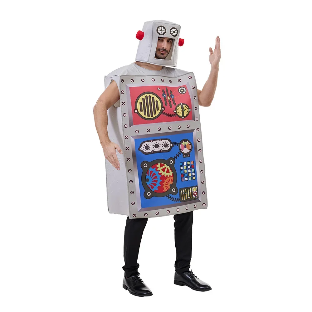 Halloween Adult Robot Cosplay Sponge Outfit Party Stage Performance Wear Jumpsuit Headwear Funny Astronaut Alien Dress Up Suit