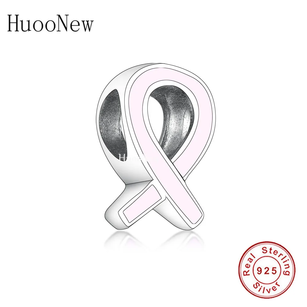 Fit Original Brand Charm Bracelet 925 Sterling Silver Pink Ribbon Hope Breast Cancer Awareness Bead For Making Women Berloque