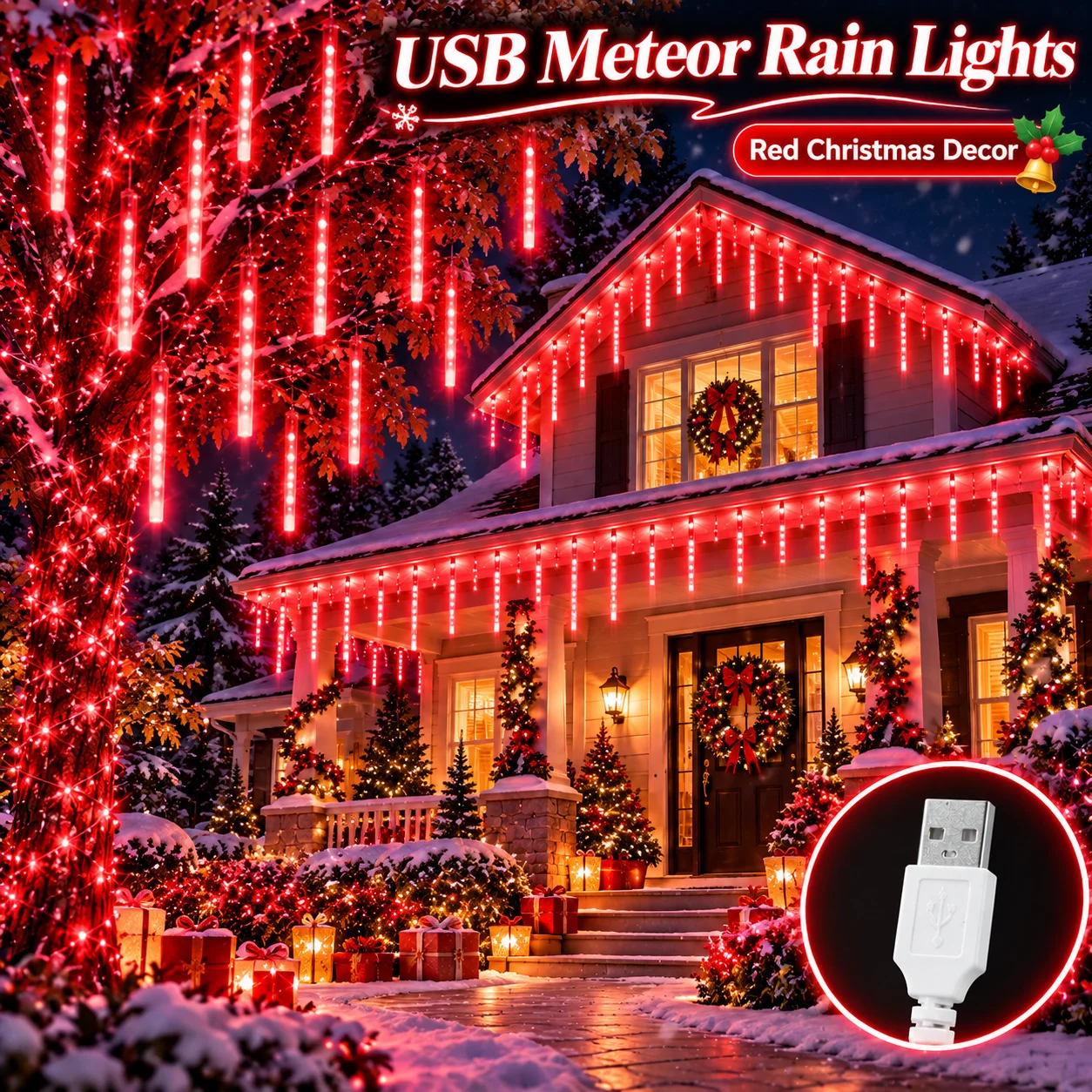 Christmas Lights USB Red Meteor Shower Falling Rain Icicle LED Tube Fairy String Lights for Roof Eaves Window Tree Party Decor