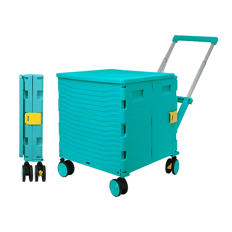 

Wholesale Four Wheel 100kg 85L Foldable Supermarket Trolley Plastic Collapsible Portable Folding Shopping Trolley Cart