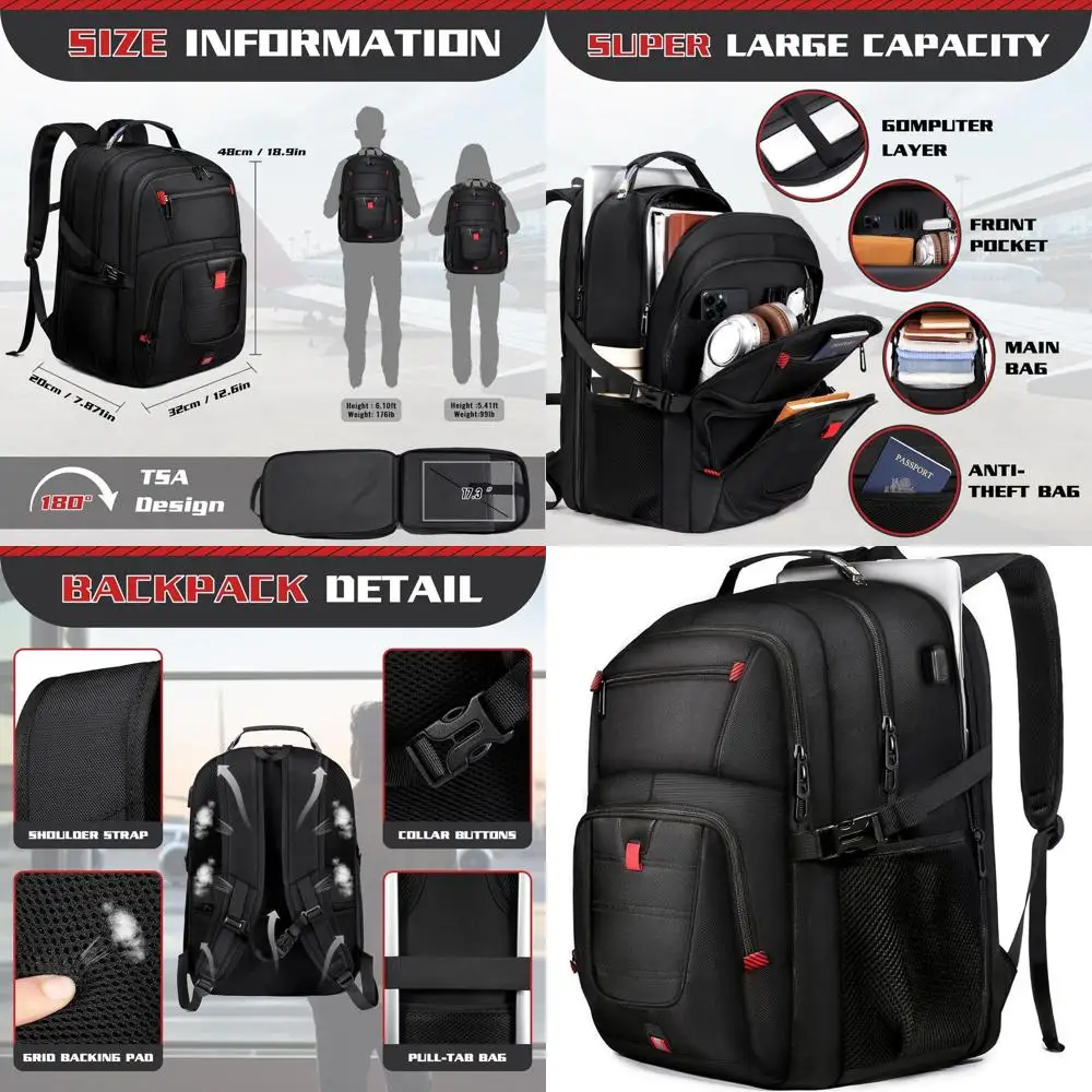 

Large 50L Travel Backpack with USB Port, 17 Laptop Compartment, TSA Friendly for Men and Women, Ideal for College and School, Bl