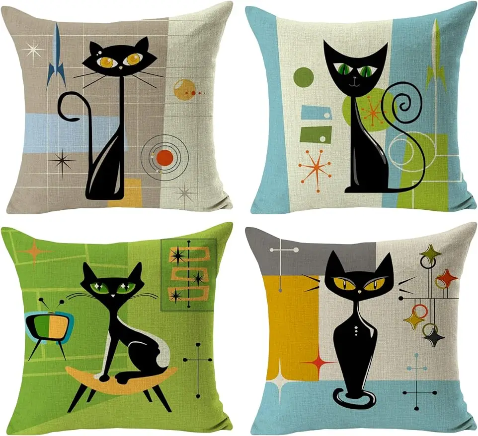 Decorative cat pillowcase, linen cushion cover, sofa bed, home décor cover, square pillowcase 45x45 pillow case
