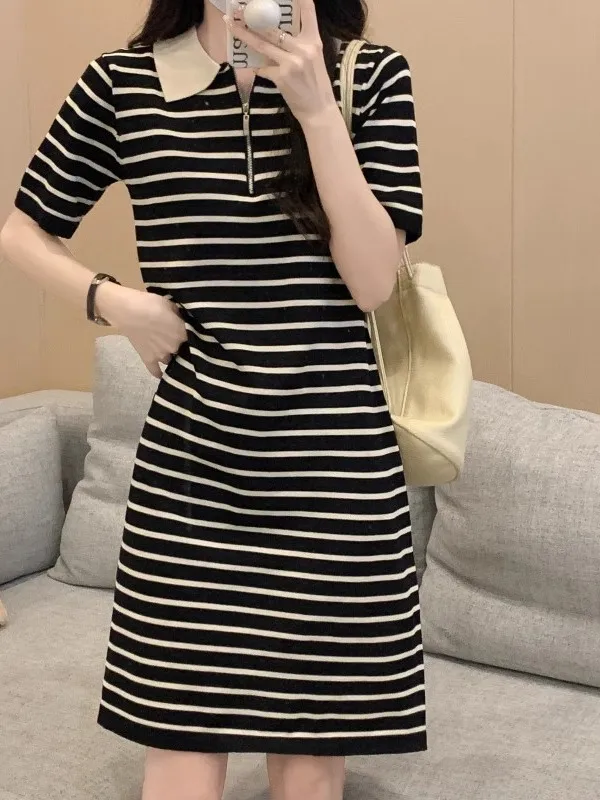 เสื้อไหมพรมลายทางแฟชั่น Dr Summer 2025 รุ่น Sve ความยาวปานกลาง สไตล์อเนกประสงค์ เหมาะสำหรับใส่ไปทำงาน ทรงหลวม คอปกเดี่ยว P...