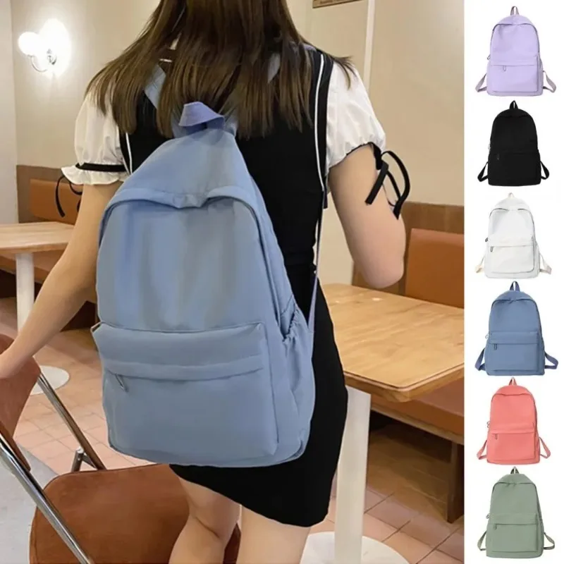 Ins Fashion Students Casual Large Capacity Schoolbag Zipper Solid Color Waterproof Backpack Teens Girl Books Stationery Bags