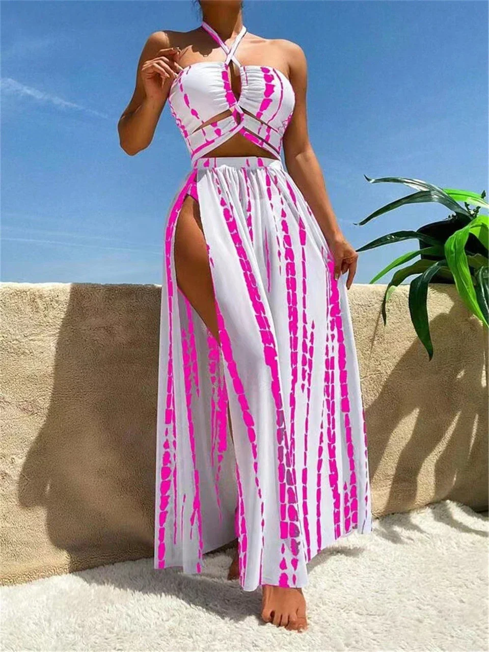3 Pieces Halter Bikini 2024 Printed Swimsuit Women Beach Skirt Swimwear Female Bathers Bathing Swimming Suit Padded Beachwear