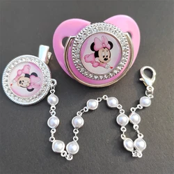 Chupetas Minnie Mouse e suporte de corrente com tampa, chupetas falsas do manequim, strass azul em pérolas brancas, bonecas extravagantes artesanais