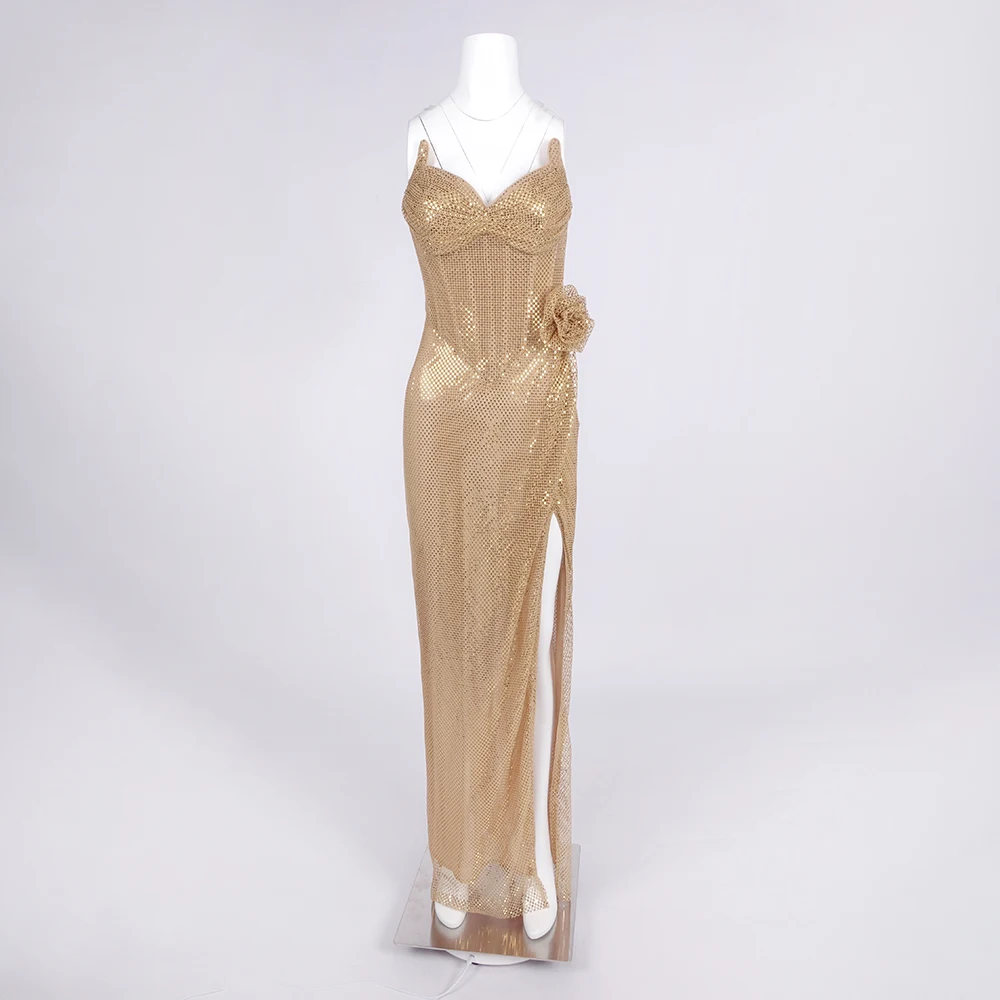 2025 New Gold Rhinestone See-Through Evening Dress – Strapless Corset Slit Gala Events Party Prom Gown Vestidos
