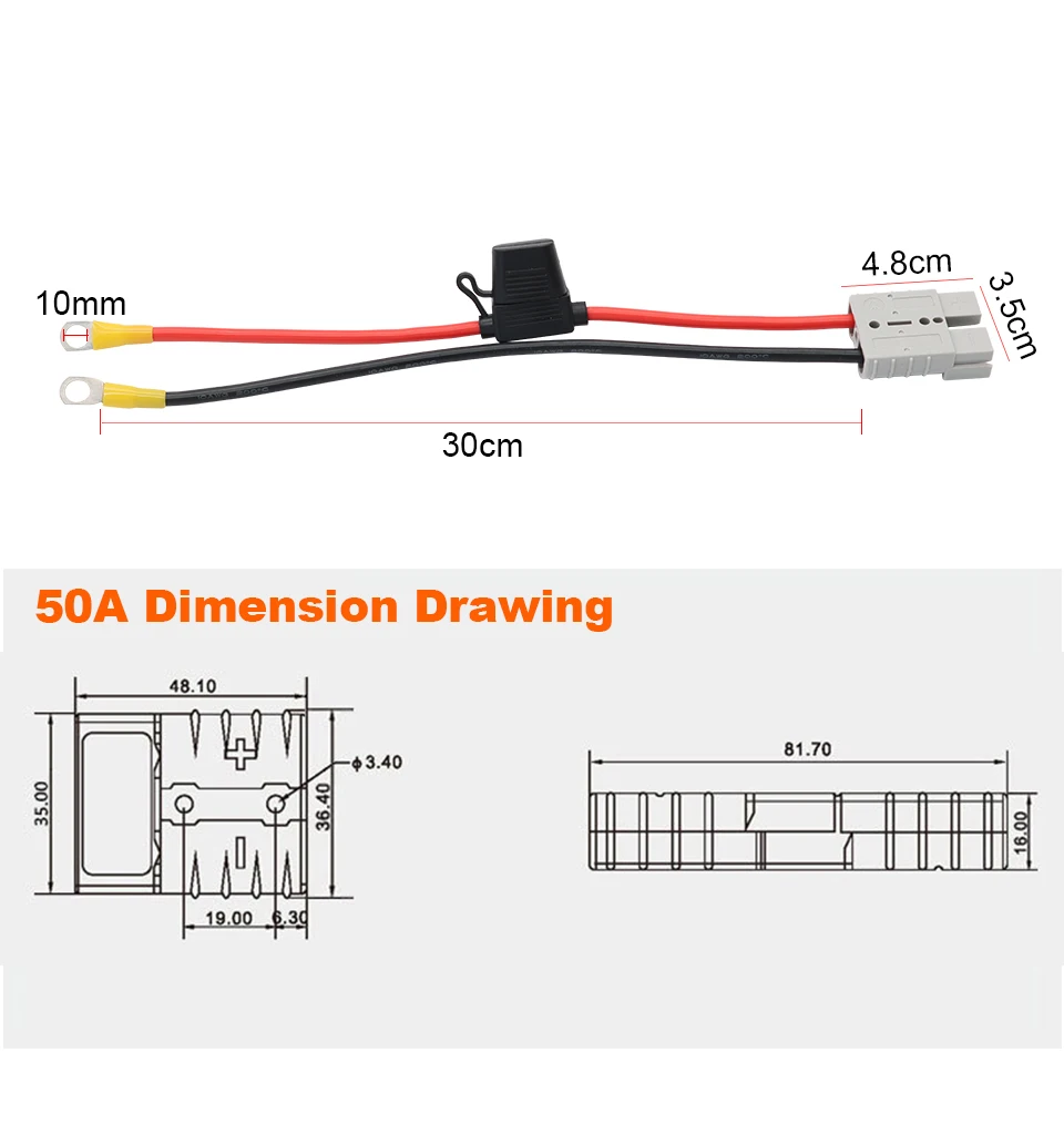 OMCH 1 Stück 50 Ampere 30 cm 10 AWG Stecker-Verlängerungskabel für Verbindungskabel mit 50 A Sicherung für elektrische Geräte – Detail 4