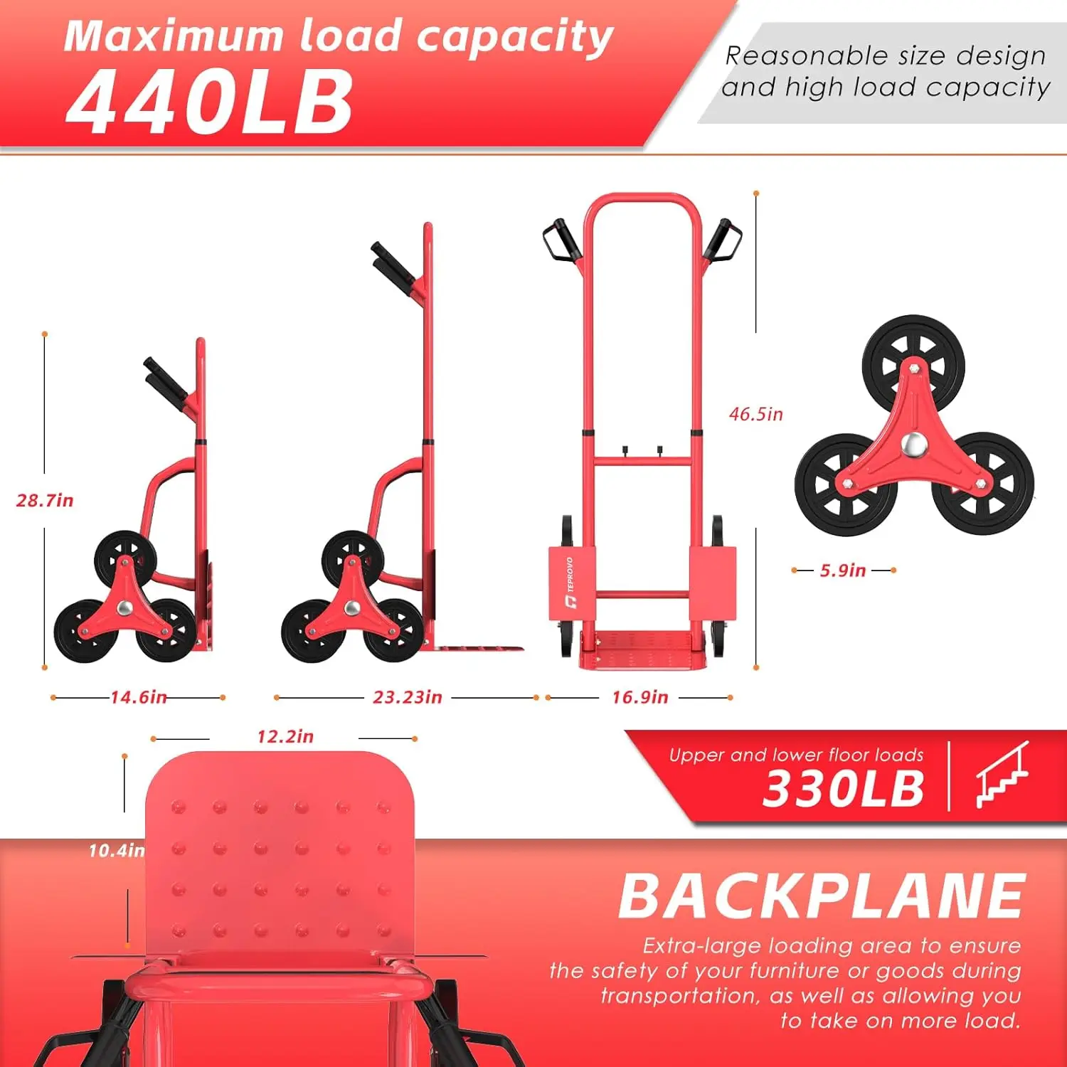 ir Climbing Hand Truck 440Lb，Heavy Duty Dolly Cart For Stairs，Thickened Upgraded Steel Tube Folding Stair Climbing Trolley