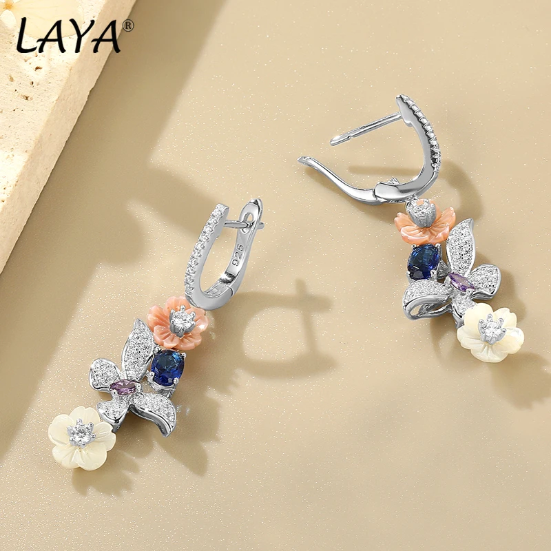 LAYA Earring 100% 925 Sterling Silver For Women Pink Shell Flower White Purple Zircon  Finger Party Romantic Trendy Jewelry