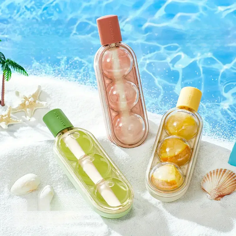 

Hot Cute Triple-Balls Ice Cream Mold With Straw Children'S Popsicle Molds DIY Silicone Mould Refrigerator Fruit Juice Ice Tray