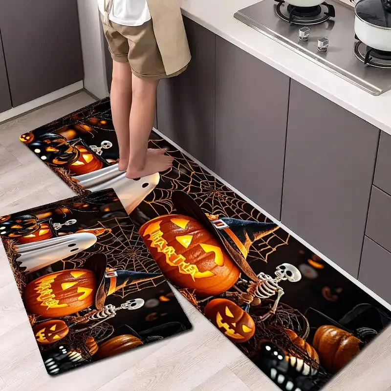 VIKAMA 1/2PCS Halloween Horror Pumpkin Ghost Skeleton Dead Branch Spider Web Floor Mat Kitchen Dining Carpet Home Decoration
