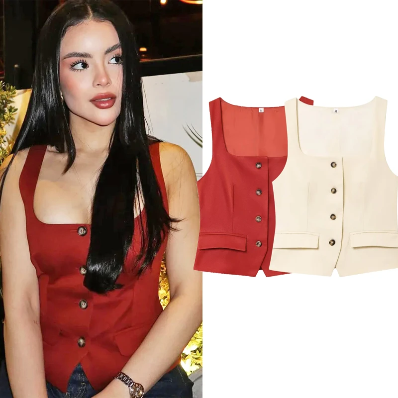 

TRAF Short Elegant Vest Tops 2025 Women's Spring Summer Cropped Tank Vest Tops Fashion Casual Y2k Red Beige Waistcoat Tops