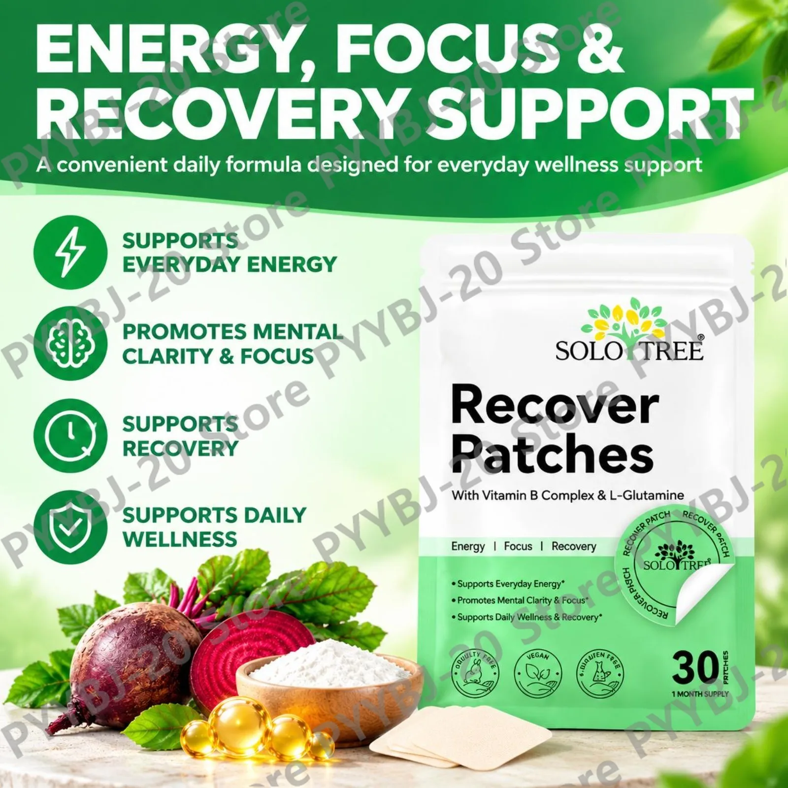Recover Energy Patches Focus Support Mental Clarity Energy Metabolism with Vitamin B Complex L-Glutamine Time-Release 30 Patches