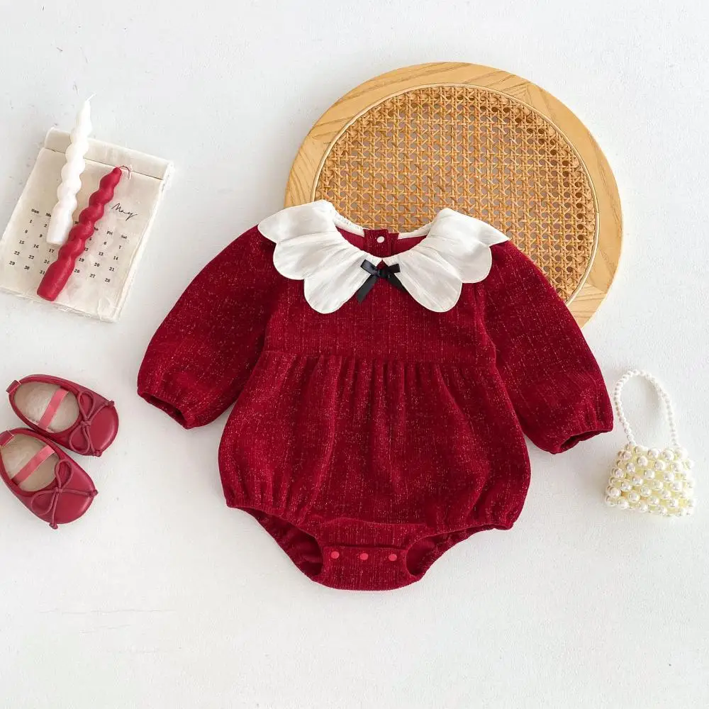 2024 Newborn Cute Red Romper Long Sleeves Casual Autumn Jumpsuits for Baby Girl Birthday Party Baptism Children New Clothing