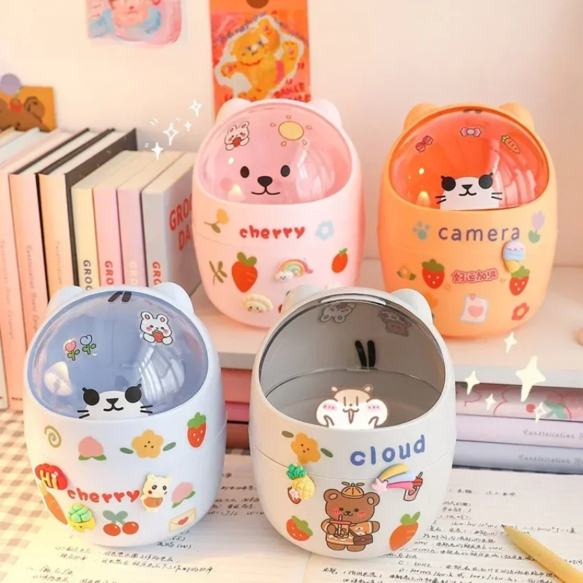 

Ins Style Cute Creative Home Desktop with Lid Trash Can Small Mini Kawaii Bedroom Desk Storage Box Pen Holder Give A Sticker