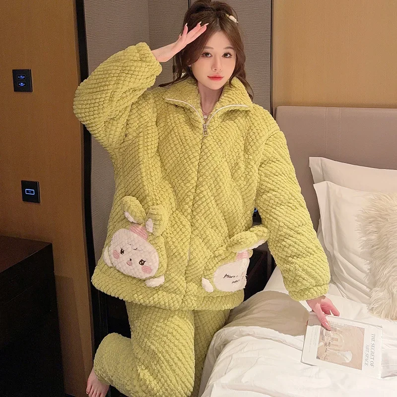 معطف وسراويل بسحاب رقيق للنساء ، بيجامات مبطنة بثلاث طبقات ، ناعمة ومريحة ، فانيلا دافئة وسميكة ، ملابس منزلية ، مقاس 5XL كبير ، شتاء