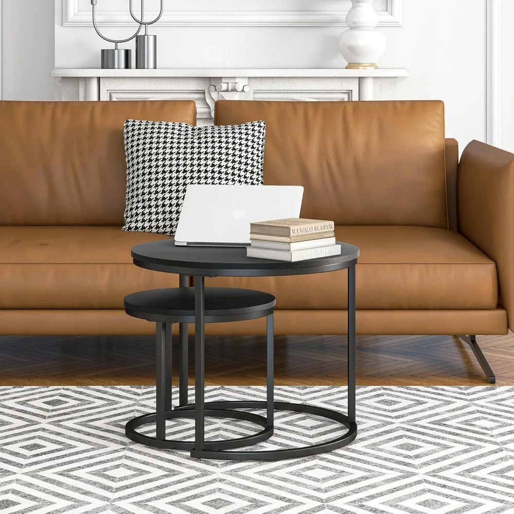 Modern Black Nesting Coffee Tables Set of 2, Round End Tables for Living Room, Farmhouse Style Wood Side Tables
