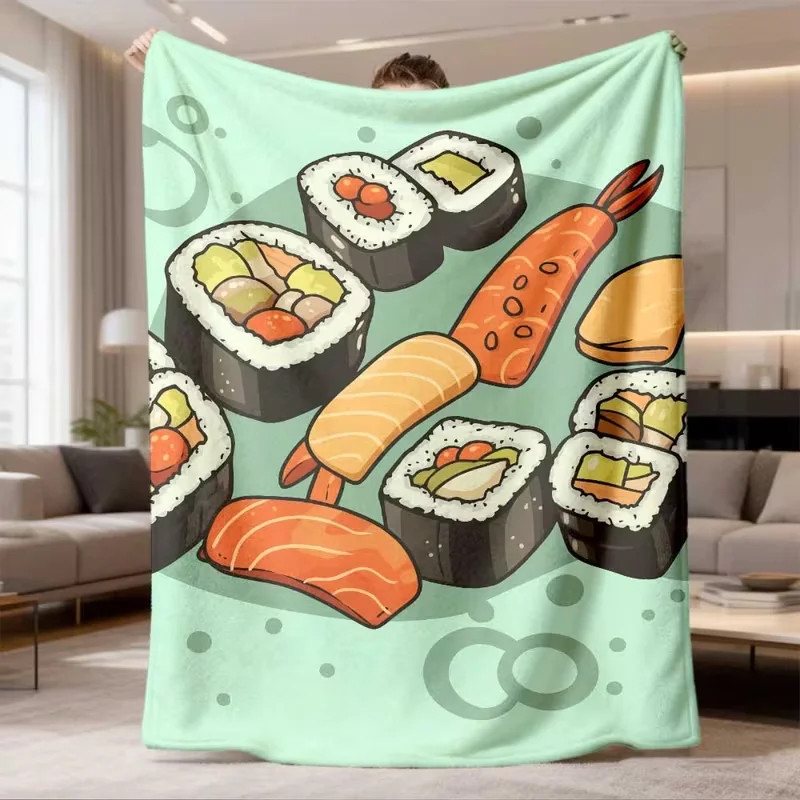 Manta acogedora con estampado de mariscos y salmón de blanket animados, fondo de menta, para amantes de la comida