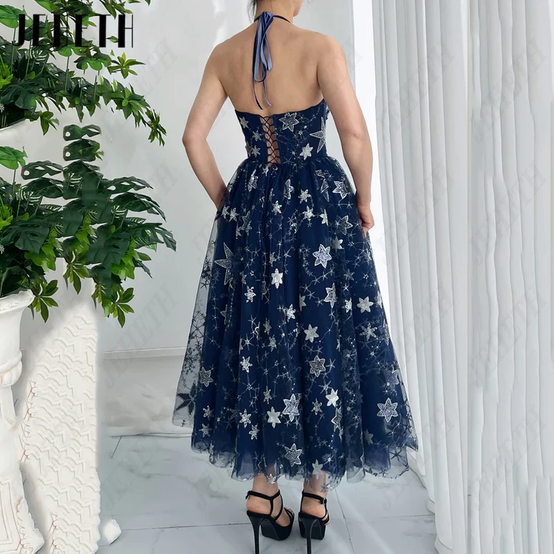 JEHETH Navy Blue Starry Prom Dresses For Women Tulle Halter Party Sweetheart Elegant Gown Backless Vestidos De Fiesta Side Split