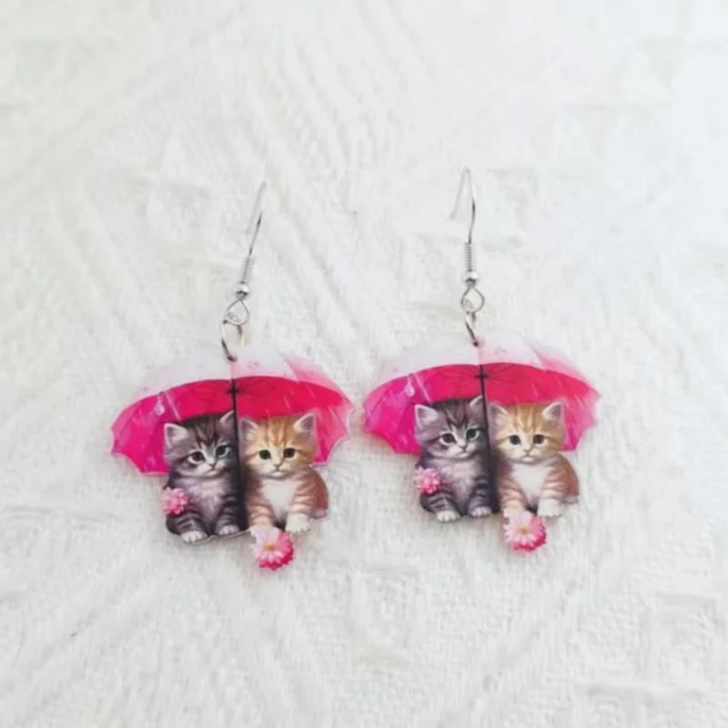 1 pair of acrylic umbrella carrying cat earrings, women's earrings, the best choice for gifts