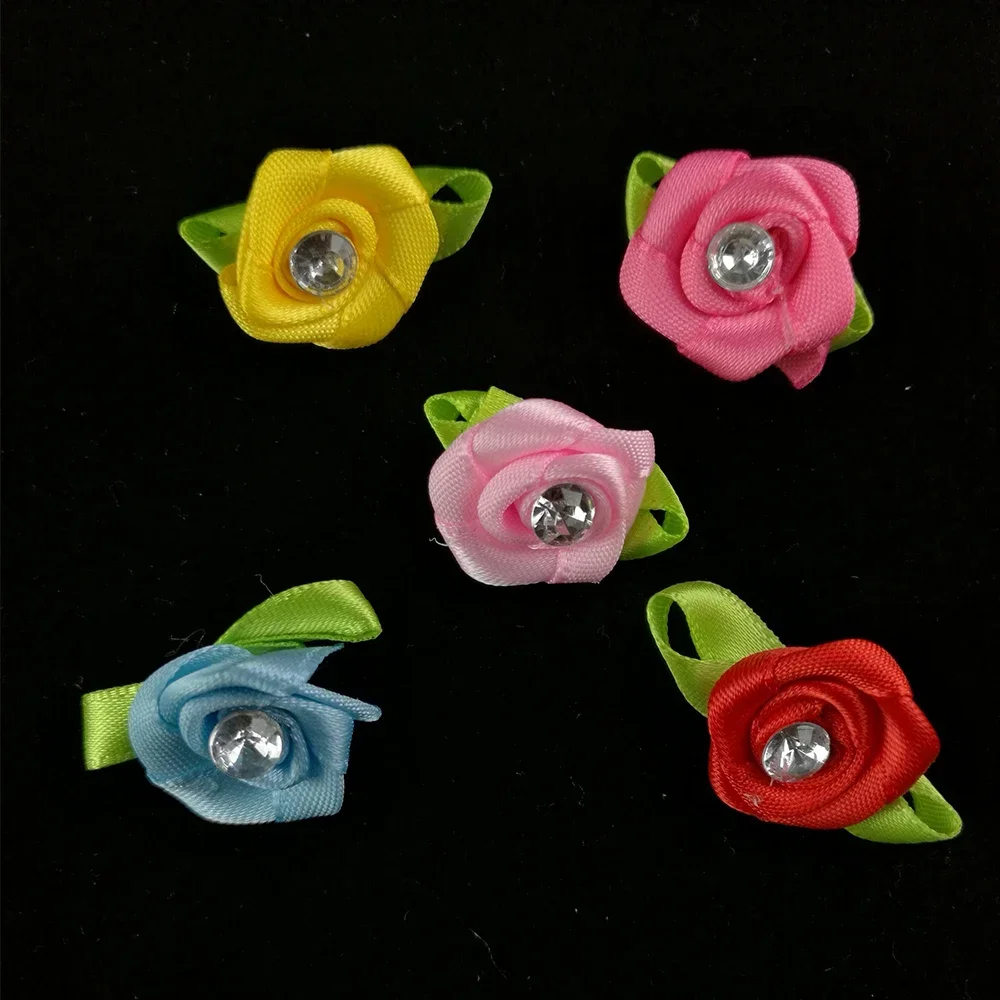 50PCS Fabric Flower Artificial Satin Ribbon Roses Diy Craft Bridal Bouquet Home Decor Arrangements Decoration for Party Hair