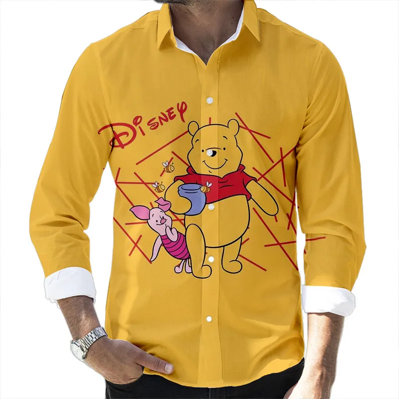 New Fall Disney Donald Duck and Winnie the Pooh Brand Cartoon Casual 3D Printed Long Sleeve Lapel Shirt Slim Fit Men\'s Top