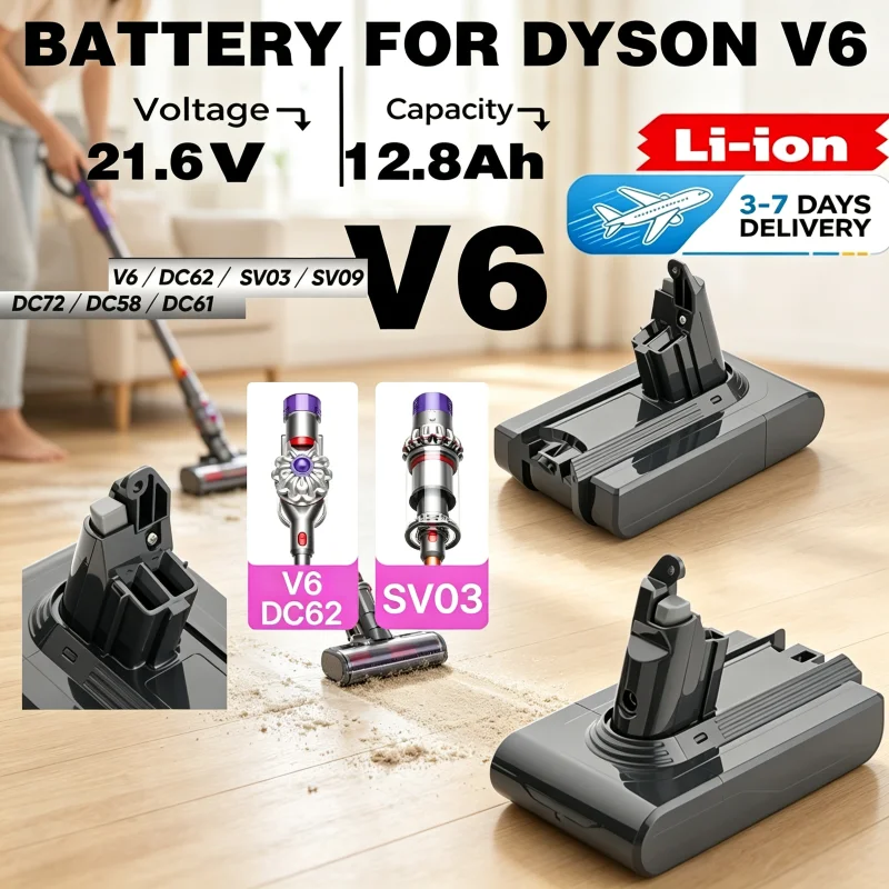 Magazzino UE, spedizione rapida, batteria di ricambio per Dyson V6 21.6V 12800Ah DC62 DC59 DC58 SV03 SV04 SV09 Animal Motorhead V6 Slim Absolute per aspirapolvere