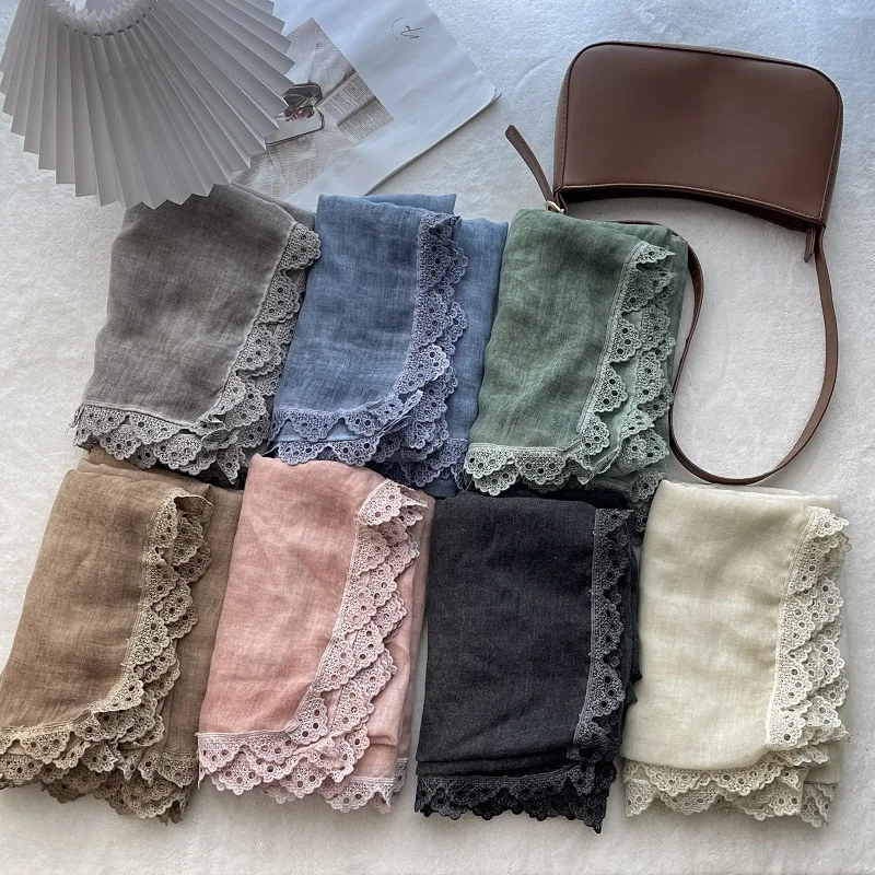 2024 Newest Women Solid Color Lace trim pattern Cotton Scarf Shawls