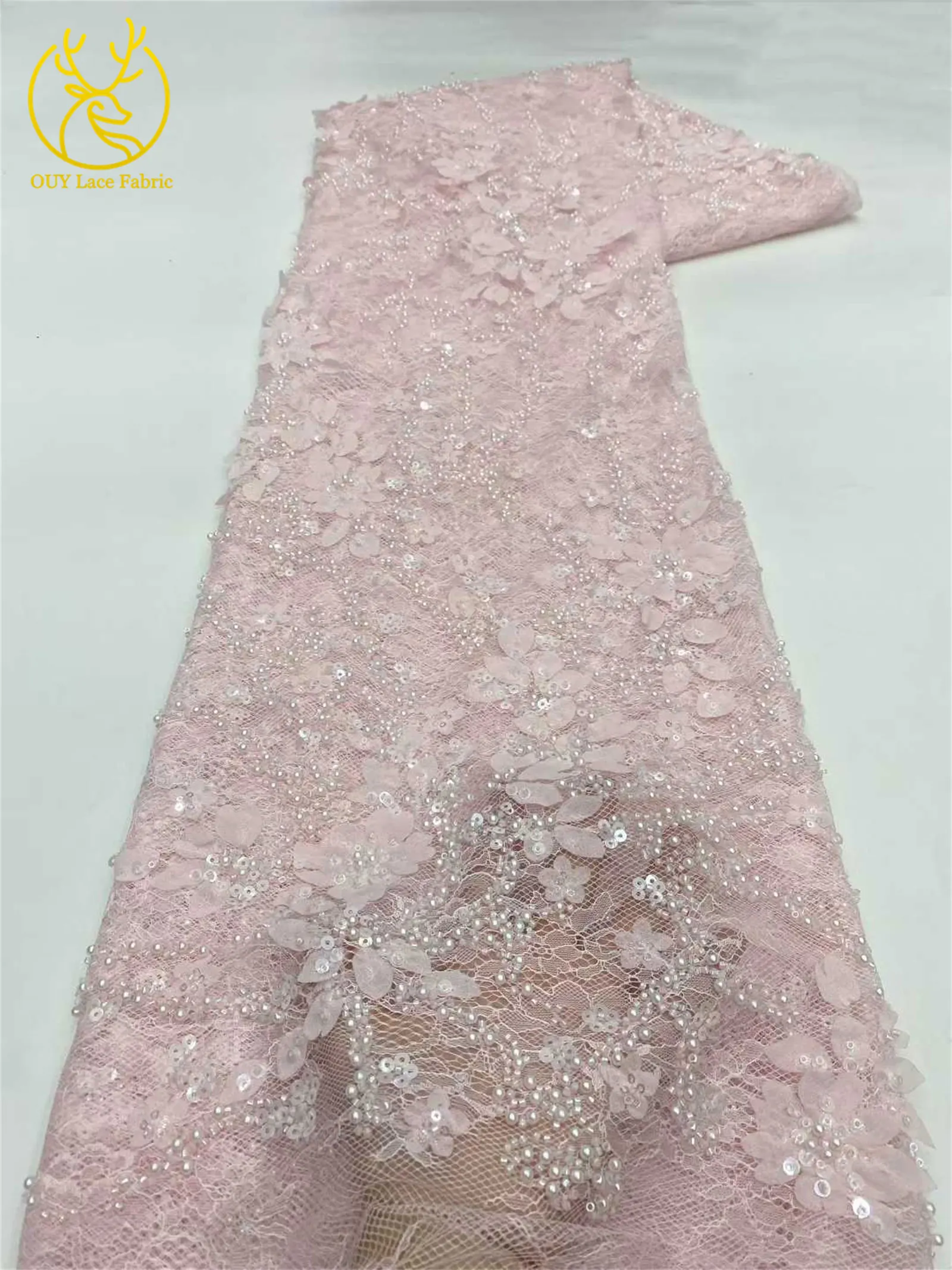 Afrikanischer nigerianischer Bräutigam-Perlen-Spitzenstoff 2026, französisches Netz, 3D-Applikation, Pailletten-Spitzenstoff für Party, Hochzeit, Kleid, Nähen, 5 Yards – Detail 12