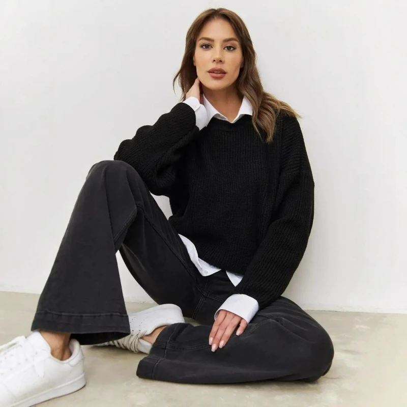 

New Fashion Simple Solid Color Round-neck Sweater 2026 Spring Autumn Loose Warm Knitted Sweater in European American Style