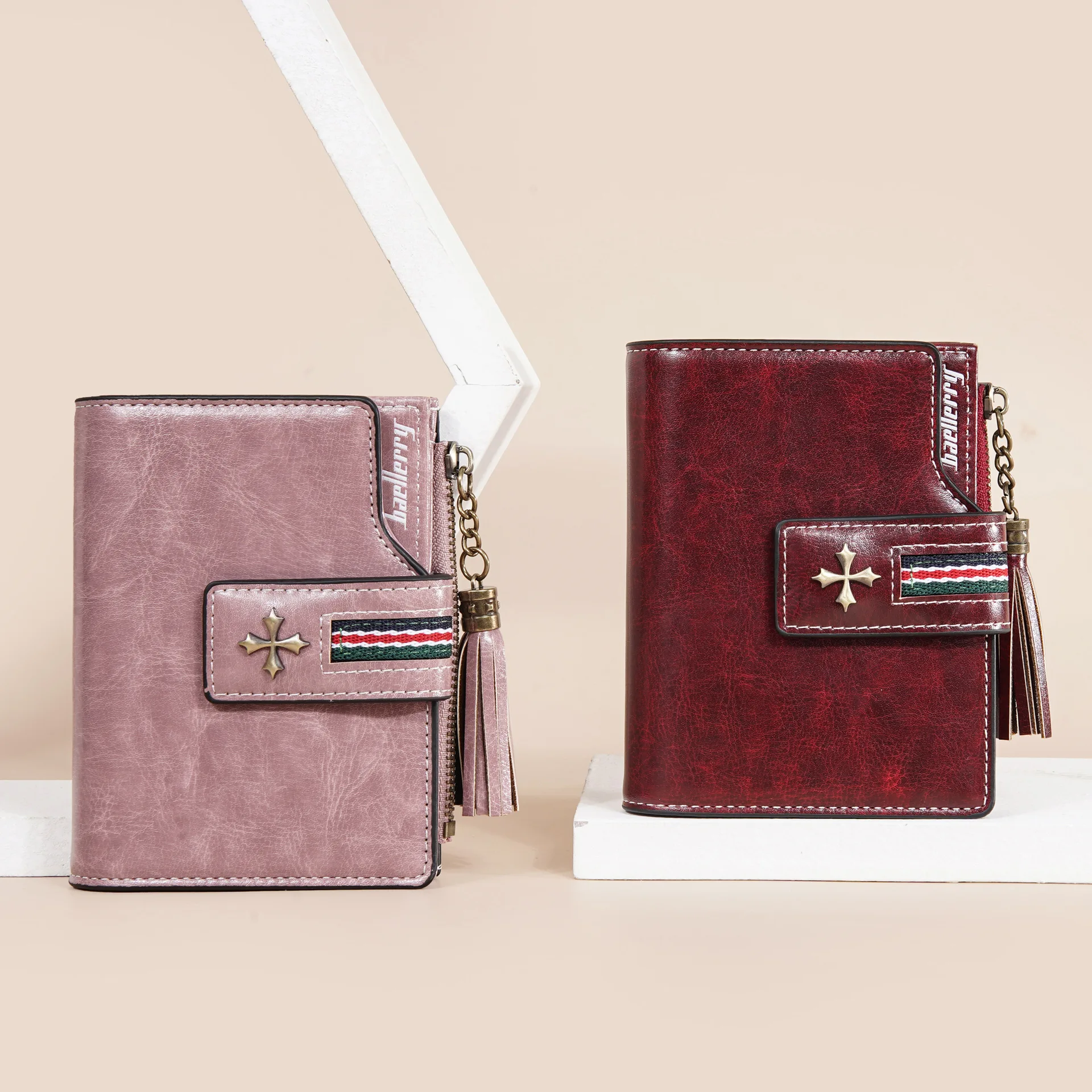 Neue PU-Damenbrieftasche mit Ölwachs-Lederquasten, Modische Dreifach Gefaltete Kurze Geldbörse, Mehrfach-Fach Reißverschluss-Münzbörse – Detail 33