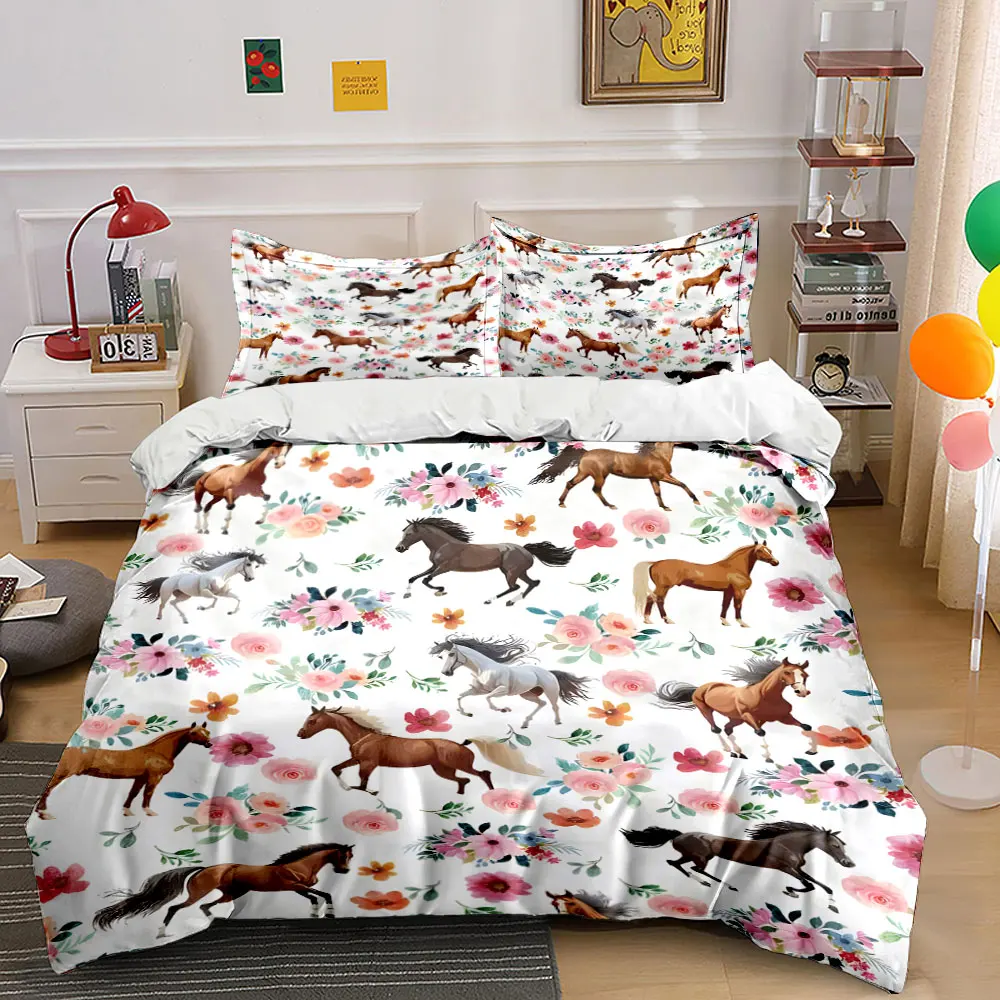 Running horses with floral background Printed Duvet Cover Set 1 Duvet Cover+2 Pillowcase Multi Size Bedroom Bedding Decoration