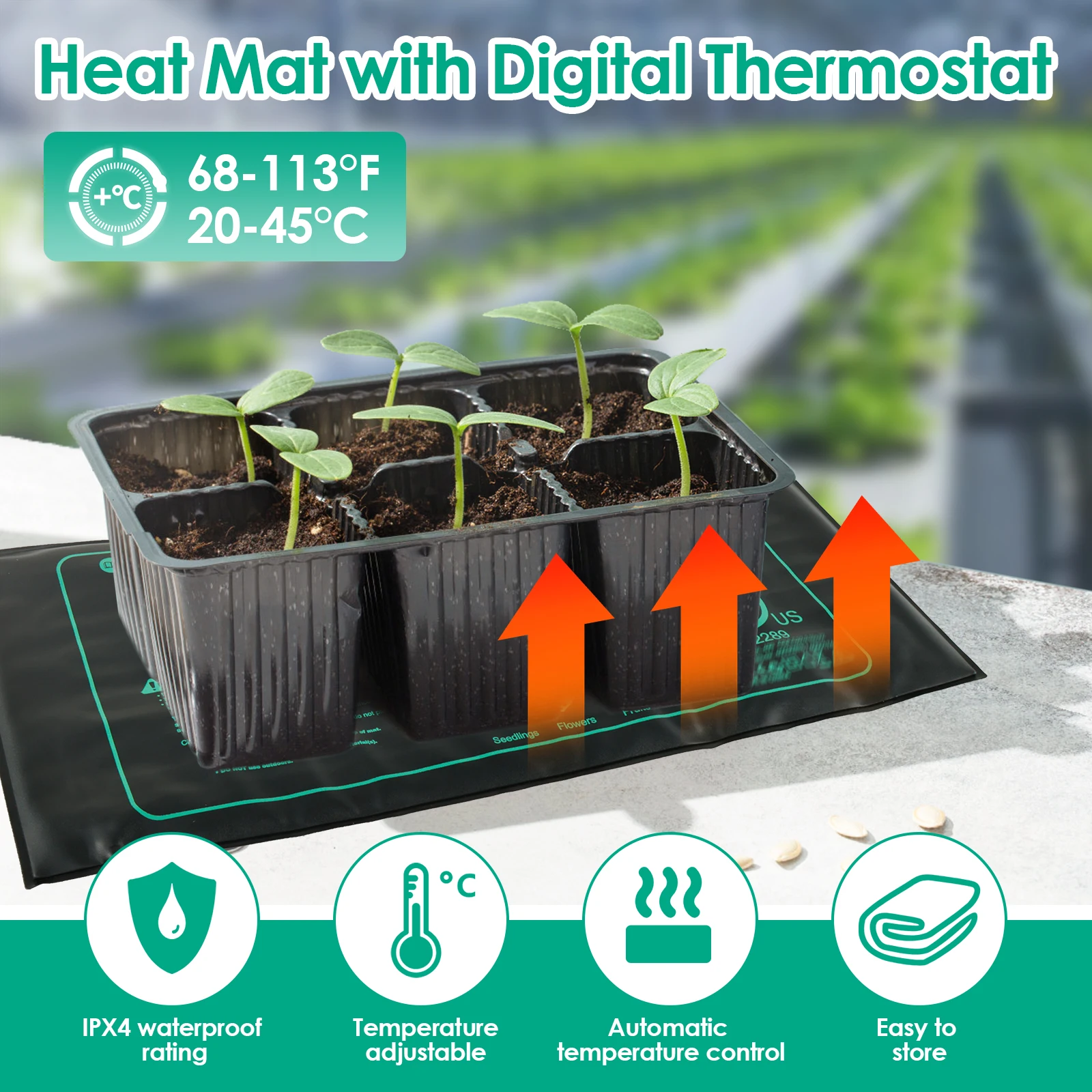 50W Seedling Heat Mat Indoor Plants Germination Waterproof Heating Pad 20℃ to 45℃ Adjustable Winter Plants Nursery Heating Mat