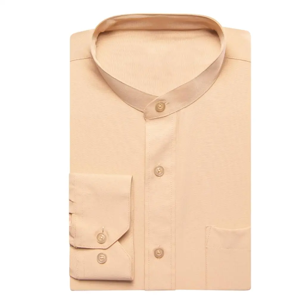 Hi-Tie Apricot Beige Silk Mens Shirts Long Sleeve Mandarin Collar Jacket Coat Shirt Elegant Light Summer Spring Male Blouse Gift