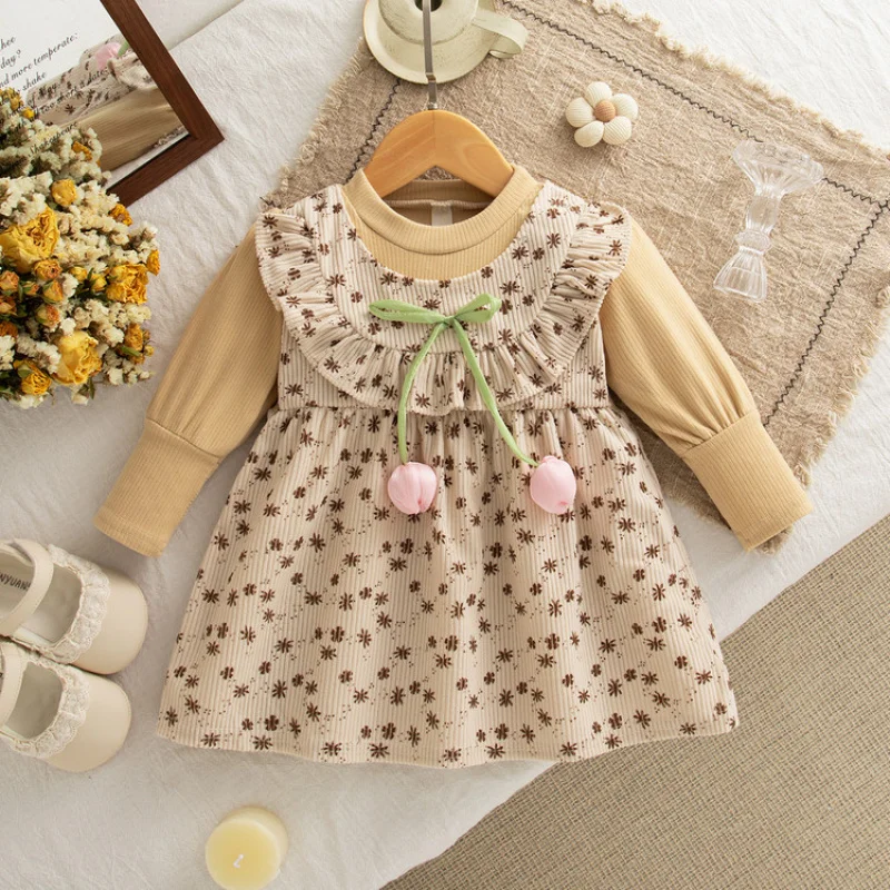 Korean New Baby Girl Printed Dress Autumn Winter Long Sleeve Fake Two-Piece Long Dress
