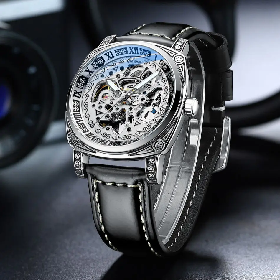 2023 New Fashion Vintage Carved Watch Men Skeleton Watches CHENXI Leather Band Automatic Winding Mechanical Wristwatches Men