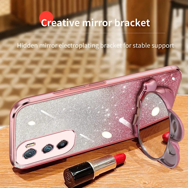 edge20 Glitter Rabbit Makeup Mirror Holder Case For Motorola Moto Edge G8 G9 Play 20 30 Plus Soft Cover E7 E6S E22 E32 E13 G 8 9
